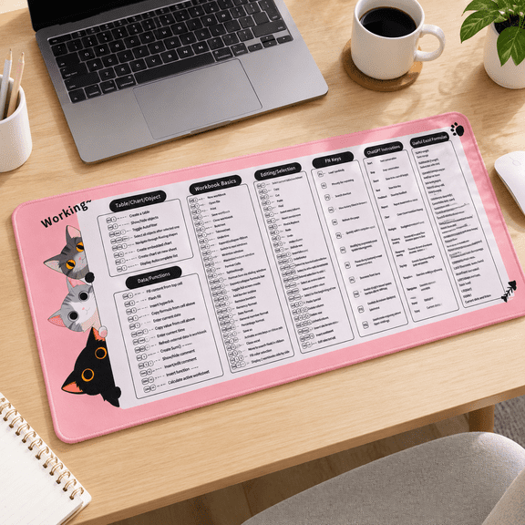 Excel Cheat Sheet Desk Pad Pink Cat Mouse 31.5" X 11.8"