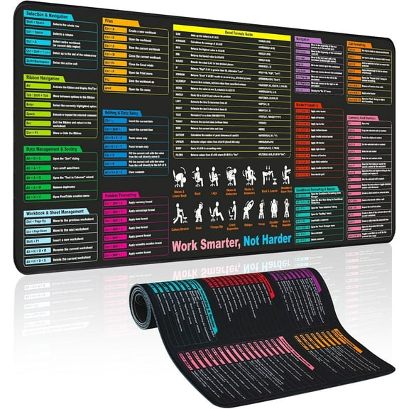 Excel Cheat Sheet Desk Pad, Waterproof Mouse pad, Large XL Gaming Mousepad, Desk mat for Keyboard and Mouse, Portable Computer Mousepad Office, Waterproof, Non-Slip, Stitched Edges