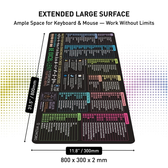 Excel Cheat Sheet Desk Pad XL 31.5" x 11.8" Anti-Slip Mouse Pad with Shortcut Reference