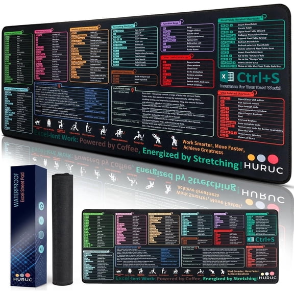 Excel Cheat Sheet Desk Pad – XL Excel Mouse Pad with Shortcut Keys & Formulas | 31.5"x11.8" Waterproof Non-Slip Desk Mat, HD Print, Stitched Edges for Work & Gaming