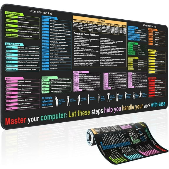 Excel Cheat Sheet Desk padContains 12 Types of Common Skills in Excel and Word|Large XL Size31.5 * 11.8 inch|Desk mat for Keyboard and Mouse|WorkStudyGaming Mouse pad|WaterproofAnti-Slip