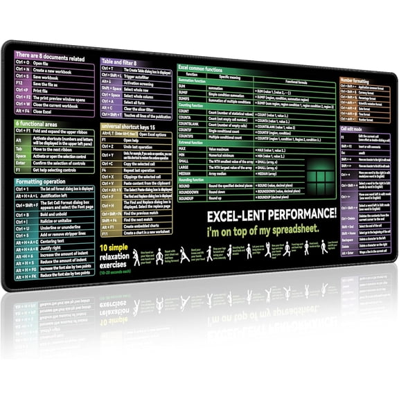 Excel Cheat Sheet Desk pad|excel Mouse pad|Contains Excel Shortcut Keys,Lager Mouse pad for Desk| XL31.5 * 11.8in Size|Desk mat for Keyboard and Mouse|Mouse Pads|WaterproofAnti-SlipSmooth
