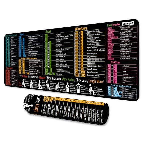 Excel Cheat Sheet Mouse Pad 31.5x11.8 Inches Large XL with Excel Shortcut Key Anti Slip Waterproof Gaming Mouse Pad for Studio Desk Computer Desk