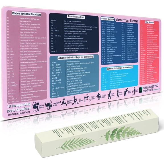 Excel Cheat Sheet Mouse Pad | Large Non-Slip Desk Mat with Shortcuts for Office & Home(Blush)