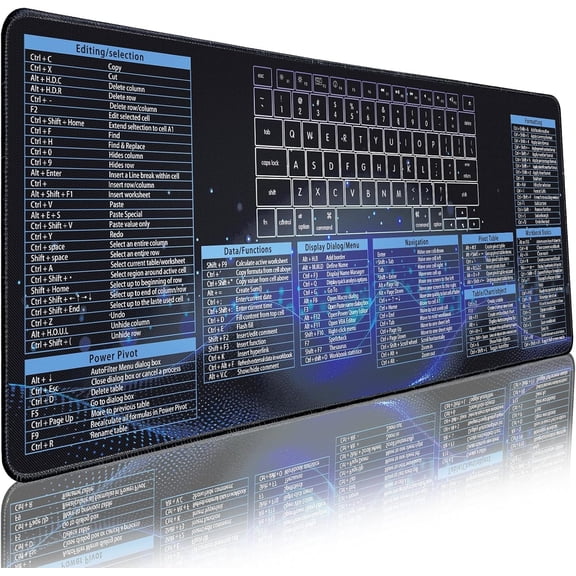 Excel Cheat Sheet Pad, Excel Shortcut Pads 31.5 x 11.8 Inch, Non-Slip Mousepad with Stitched Edges, Gaming Pad