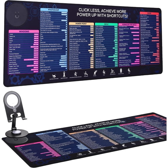 Excel Cheat Sheet Pad with Phone Stand, 31.5"x12" Extended Excel Shortcuts Desk Pad, Ultra-Smooth Keyboard Mat, Non-Slip Base (Phone Stand NOT Charger)