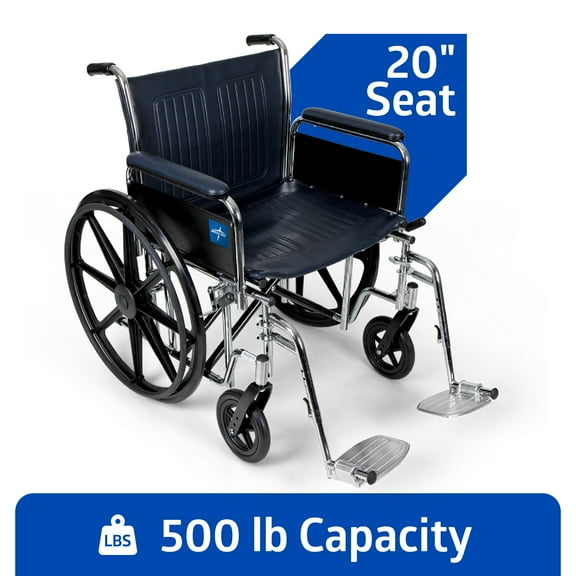 Medline Extra-Wide Wheelchair, 20" Wide Seat, Full-Length Arms, Swing Away Footrests, Chrome Frame - Bariatric, 500 lb Weight Capacity, Mobility Aid for Enhanced Comfort and Durability