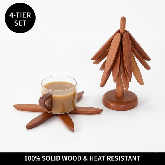 Excel Garden&Home 4-Tier Solid Wood Tree Trivet Set - 100% Natural Artisan Hot Pads for Table & Countertop Protection - Foldable Heat Resistant Kitchen Coasters - Modern Farmhouse Aesthetic Decor