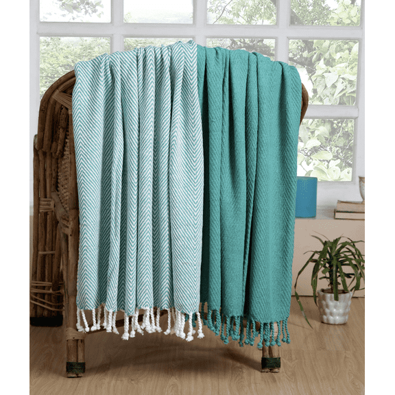 Excel Hometex Chevron 100% Cotton Chevron Throw Blanket Set  Handmade, Soft, Breathable, Fringe Detail  50x60 Inches (Set of 2)