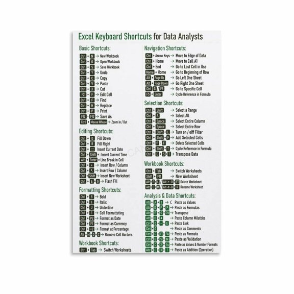 Excel Keyboard Shortcuts for Data Analysts Cheat Sheet Poster Canvas for Living Room Bedroom Decor