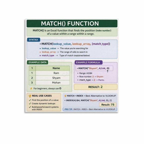 Excel MATCH() Function Cheat Sheet Guide Poster Canvas Painting Wall Art