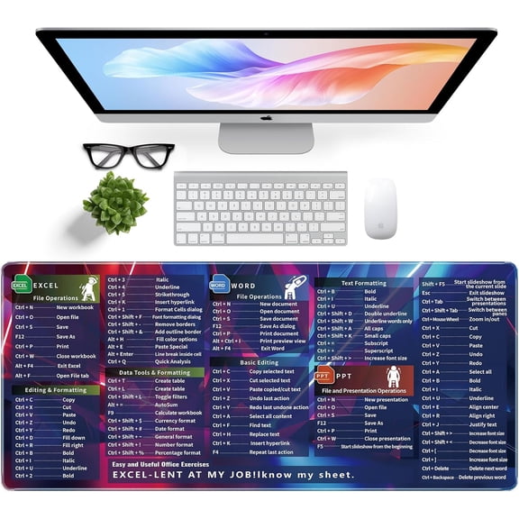 Excel Mouse Pad, Excel Mouse Pad Shortcuts Provide Quick Convenience for Office Workers, 35.4 x 15.7in Extra Large Mousepad Excel Mousepad for Office, School, Home and Games