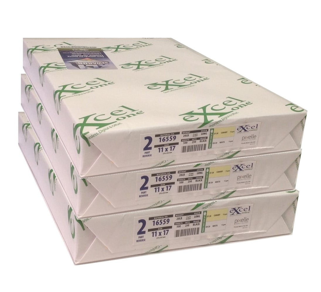 Excel One™ Carbonless 2-Part Reverse Paper (Canary/White), 11" x 17", (16559), 250 Sets Per Ream - Three (3) Reams (750 Sets)