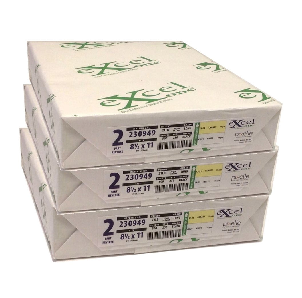 Excel One™ Carbonless 2-Part Reverse Paper (Canary / White), 8.5" x 11", (230949), 250 Sets Per Ream - Three (3) Reams (750 Sets)