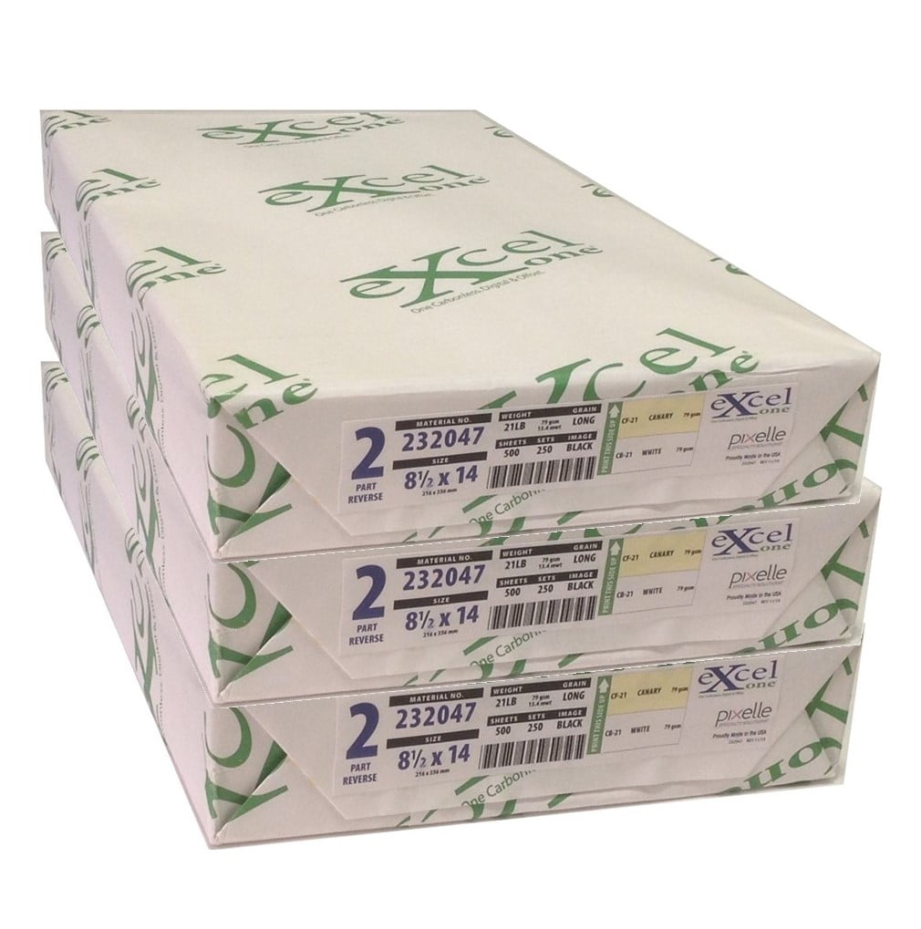 Excel One™ Carbonless 2-Part Reverse Paper (Canary/White), 8.5" x 14", (232047), 250 Sets Per Ream - Three (3) Reams (750 Sets)