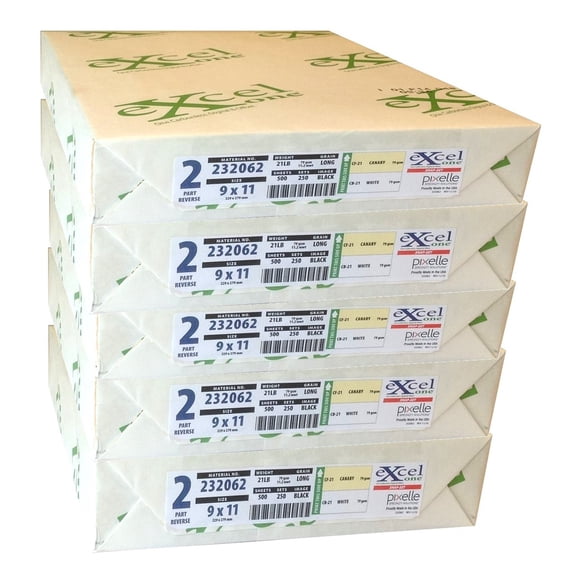 Excel One Carbonless 2-Part Reverse Paper (Canary/White), 9" x 11" (232062) - Five (5) Reams (1250 Sets)