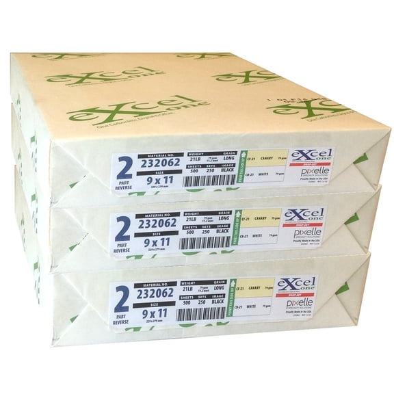 Excel One Carbonless 2-Part Reverse Paper (Canary/White), 9" x 11" (232062) - Three (3) Reams (750 Sets)