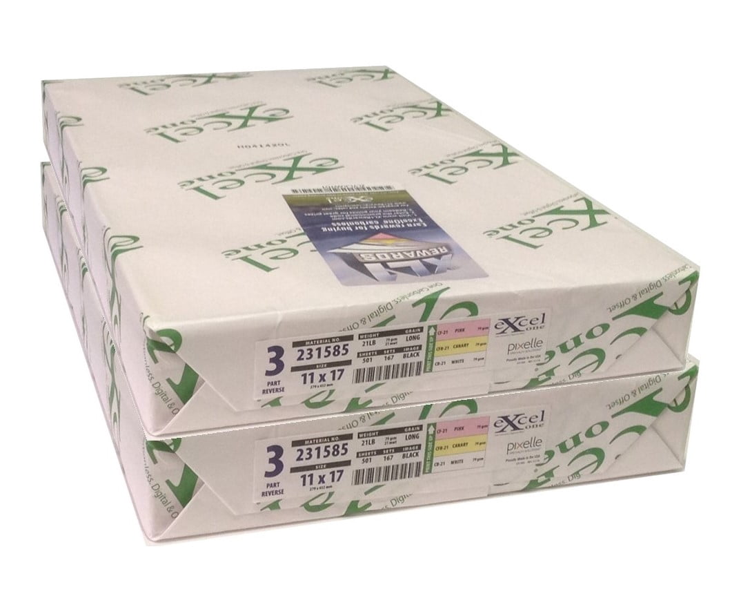 Excel One Carbonless 3-Part Reverse Paper (Pink/Canary/White), 11" x 17" (231585) - 167 Sets Per Ream -Two (2) Reams (334 Sets)