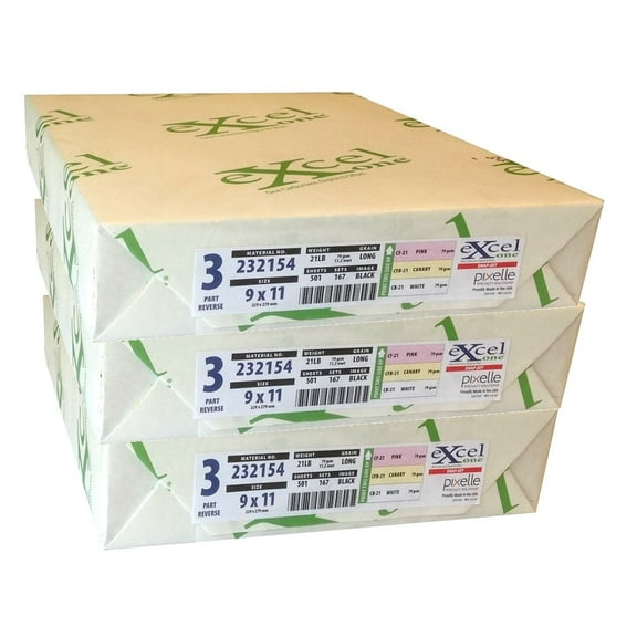 Excel One Carbonless 3-Part Reverse Paper (Pink/Canary/White), 9" x 11" (232154) - Three (3) Reams (501 Sets)