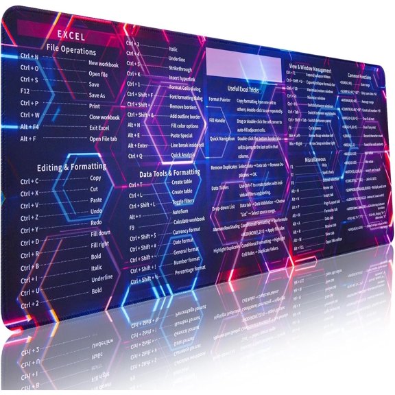 Excel Pad, Excel Shortcut Pad Gaming, Cyberpunk Excel Cheat Sheet Desk Pad, Non-Slip Mousepad with Stitched Edges, Keyboard Mat(31.5" x 11.8" x 0.12")