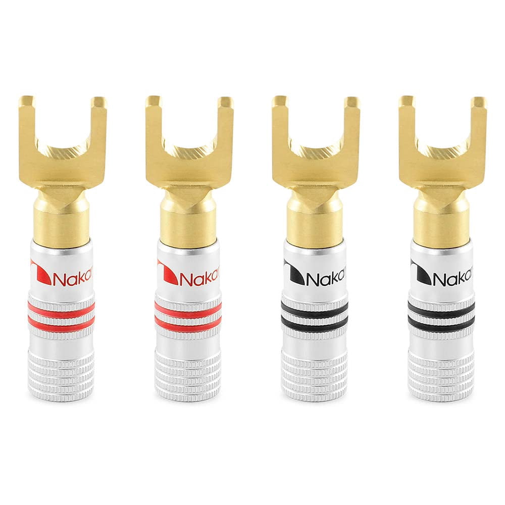 Excel Series 24k Gold Plated Spade Y Banana Plug 12-18 AWG Gauge Size 4mm Speakers Amplifier Hi-Fi AV Stereo Home Theatre Audio Wire Cable Screw Connector, 4 Pcs (2-Pairs)