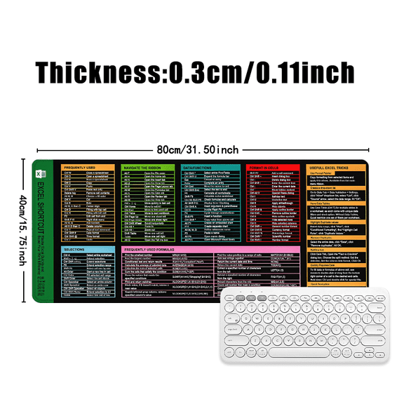 Excel Shortcut Guide Mouse Pad 31.5 x 11.82 inches Rubber Desk Mat with Formulas and Functions for Office and Home Use