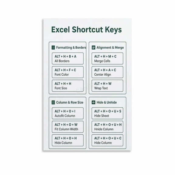 Excel Shortcut Keys Cheat Sheet Guide Poster Canvas Painting Wall Art