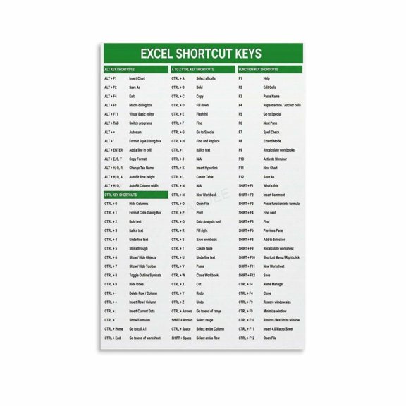 Excel Shortcut Keys Cheat Sheet Reference Poster Canvas for Living Room Bedroom Decor