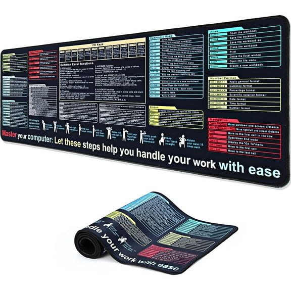 Excel Shortcut Keys Mouse Pad Desk Mat (11.8x31.5in) - XL Mouse pad Contains 9 Major Excel Function modules & Waterproof | 3mm Non-Slip PC Keyboard Cover | Office/Gaming Large XL Mouse Pad