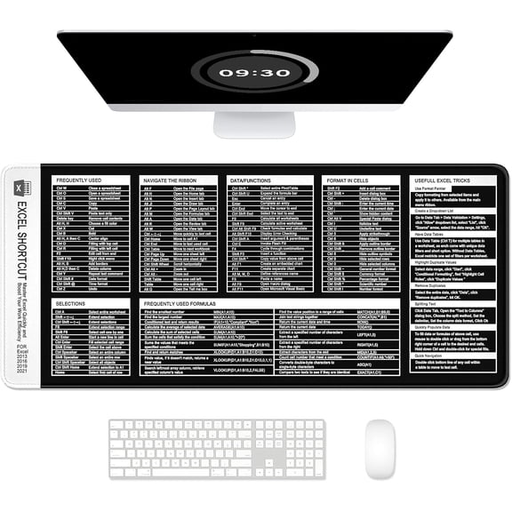 Excel Shortcut Keys Mouse Pad, Large Extended XL XXL Cheat Sheet Gaming Mouse Pad, Office Spreadsheet Desk Mat, Long Big Keyboard Mat, Desk Pad for Desktop, Non-Slip, Stitched, 35.4" x 15.7", Black
