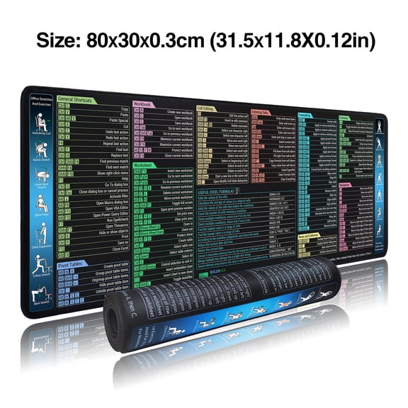 Excel Shortcut Mouse Pad with Large Desk Mat, Non Slip Keyboard Pad