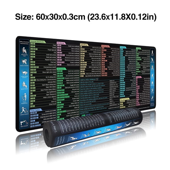 Excel Shortcut Mouse Pad with Large Desk Mat, Non Slip Keyboard Pad