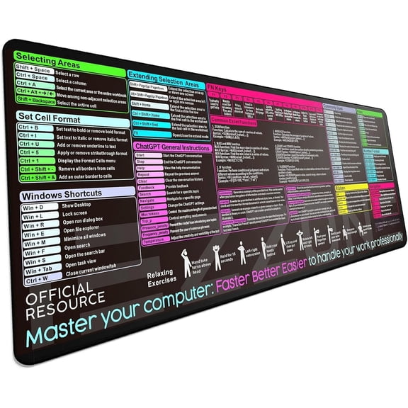 Excel Shortcut Pad|Excel Cheat Sheet Desk Pad - Large XL Cheat Sheet Gaming pad | PC Office Spreadsheet Keyboard Mat | Non-Slip Stitched (Black)