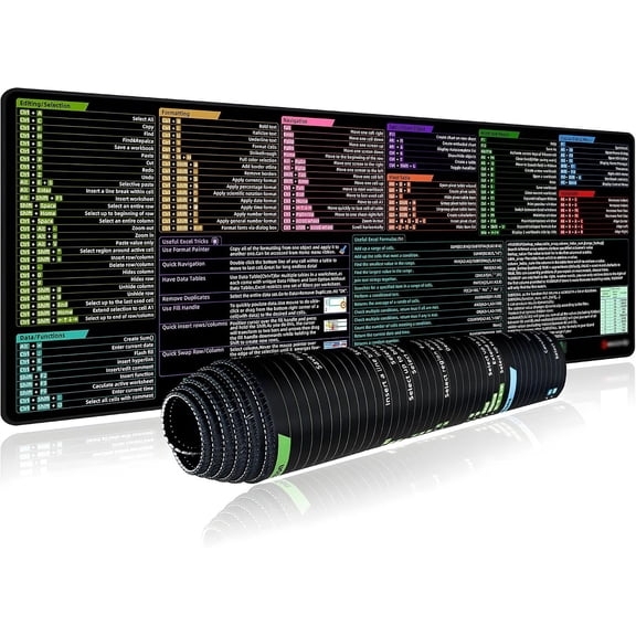 Excel Shortcut Pad, Extended Large Desk Mat (31.5x11.8 Inch) with Non-Slip Base & Washable Surface for Gaming, , Office Desk