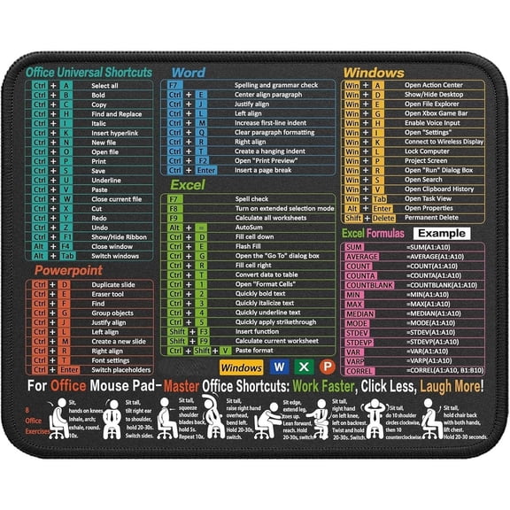 Excel Shortcuts Mouse Pad 11.8"x9.8" Anti-Slip Desk Mat with Word/PowerPoint/Windows Hotkeys, Washable, Stitched Edges, 3mm Thick for Home Office & Gaming, Speed Up 50% Workflow