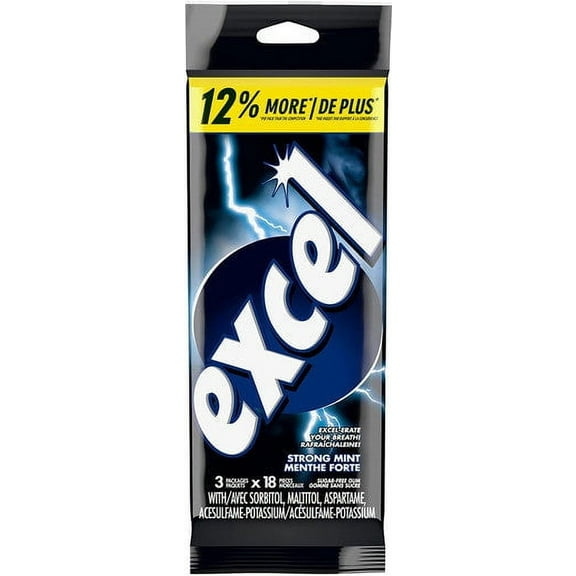 Excel Strong Mint Sugar Free Gum 3ct, 18 pieces each