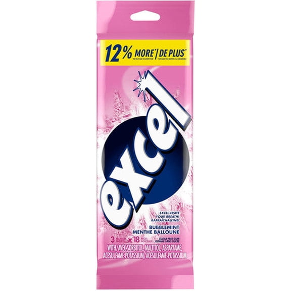 Excel Sugar-Free Gum, Bubblemint, 3 packets of 18 pieces, (Imported from Canada)