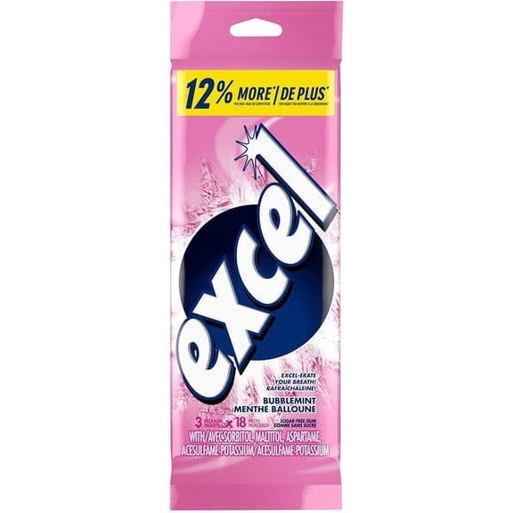 Excel Sugar-Free Gum, Bubblemint, 3 packets of 18 pieces, (Imported from Canada)