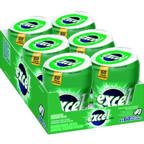 Excel Sugar-Free Gum, Spearmint, 6x60ct, 360 Pieces