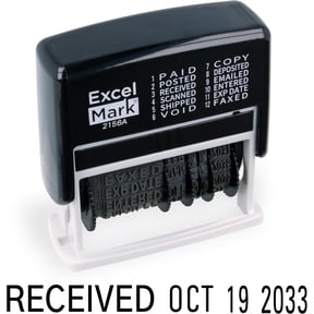 ExcelMark 12 Phrase Self-Inking Date Stamp - Black Ink