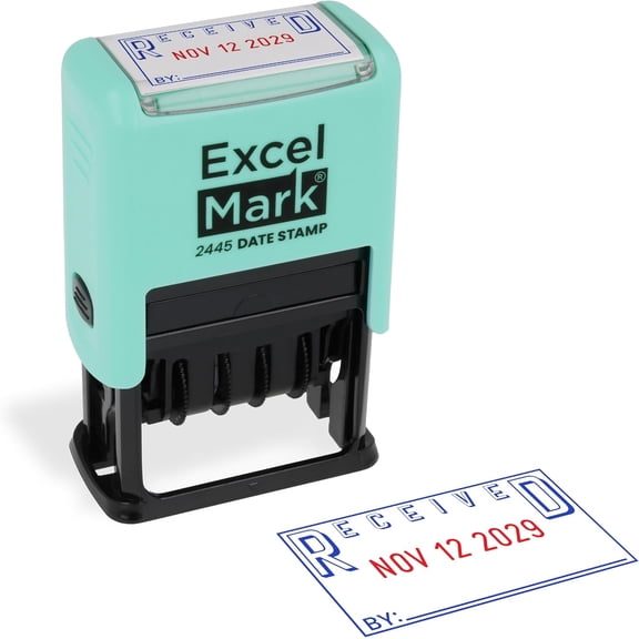 ExcelMark 2445 Date Stamp with Text - Blue and Red Ink (Seafoam Mount, Received)