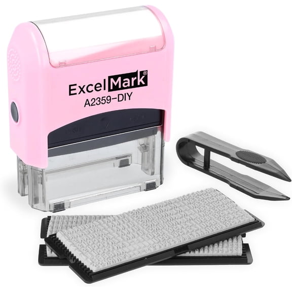 ExcelMark Self-Inking DIY Custom Rubber Stamp Kit - Personalized Stamper for Business or Home - Address Stamp, Message Stamp, and More (Pink)