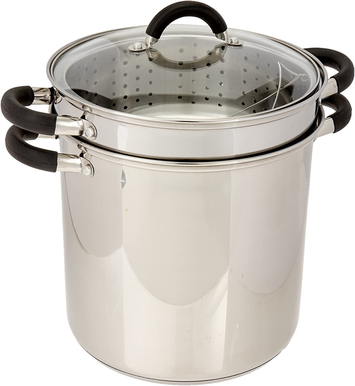ExcelSteel 12 Qt Multifunction Stainless Steel Pasta Cooker with Encapsulated Base, Vented Glass Lid, and Riveted Silicone Covered Handles