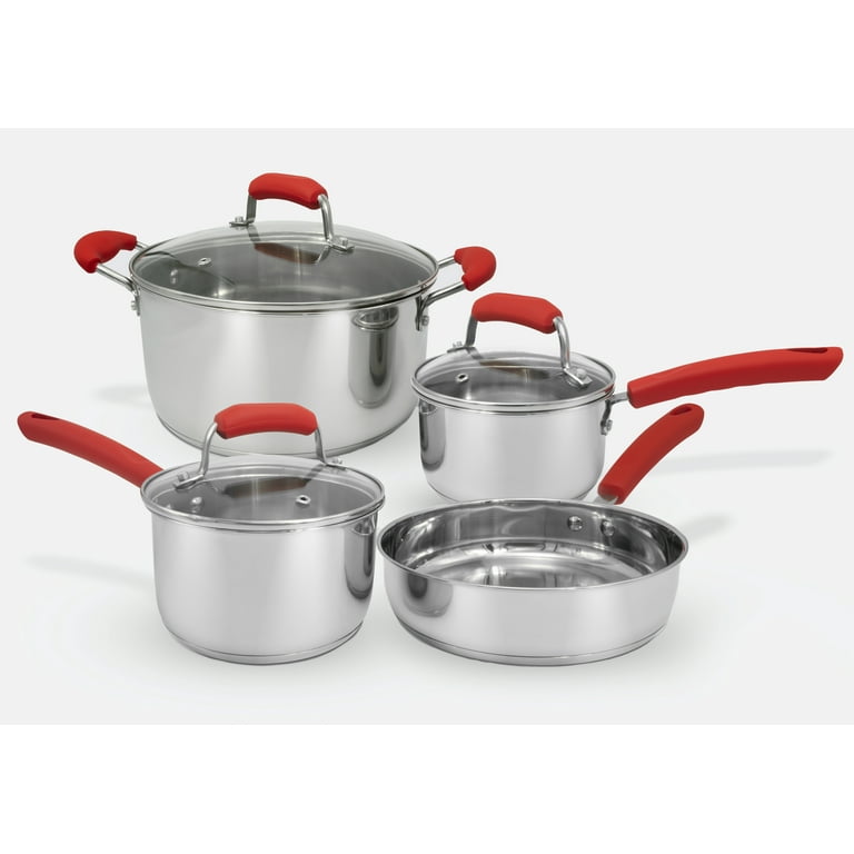 ExcelSteel - 7 Pc Stainless Steel Cookware Set w/Red Silicone
