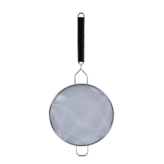 Excellante 10" stainless steel strainer, black plastic handle, SINGLE/MIDIUM, comes in EACH