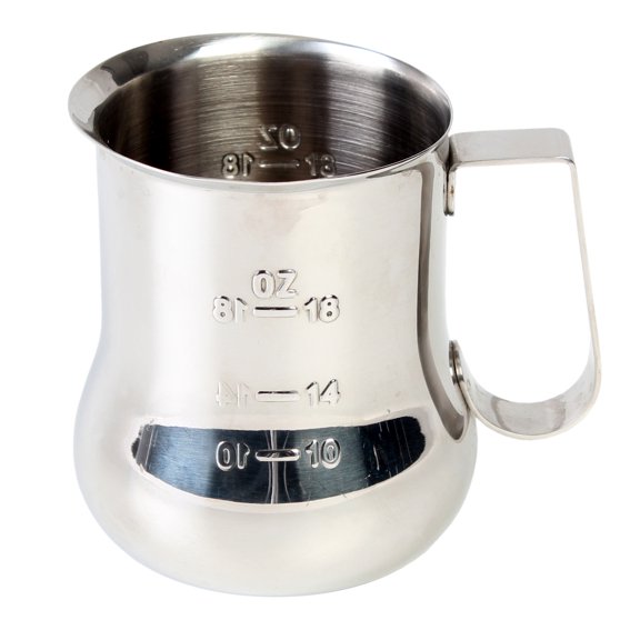 Excellante 24 oz stainless steel milk pitcher with measuring scale, comes in each