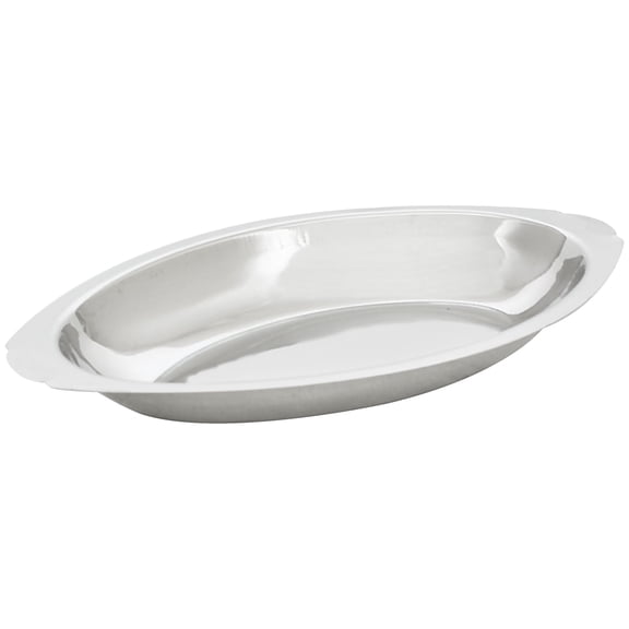 Excellante 8 oz stainless steel oval gratin tray, comes in each