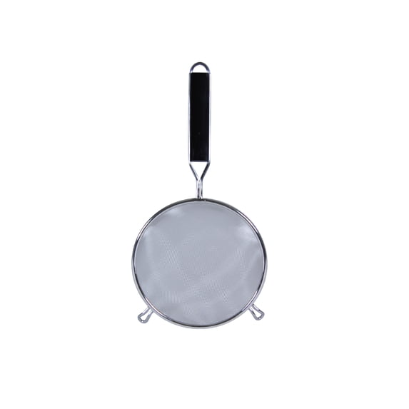 Excellante 8" stainless steel strainer, black plastic handle, SINGLE/MIDIUM, comes in EACH