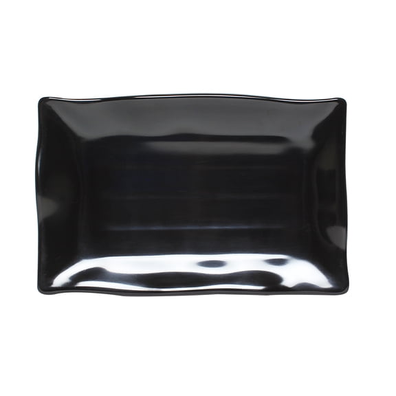 Excellante Classic Black Extra Heavy Weight Melamine Dinnerware Collection 13 1/2" X 9 1/8" Wave Rectangular Plate, Comes in Dozen