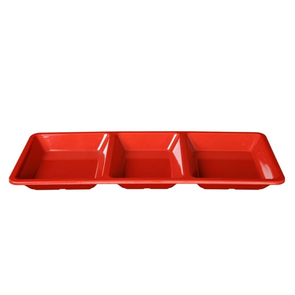 Excellante Passion Red melamine dinnerware collection 14.75 x 6.25 inch x 1.375 inch rectangular 3 section compartment tray, comes in each